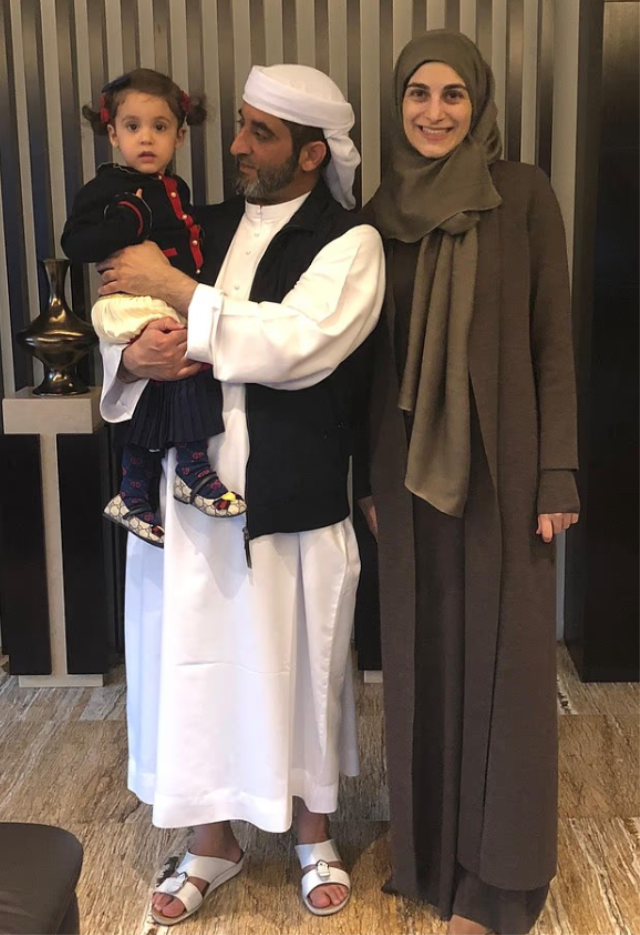 Zeynab Javadli and Sheikh Saeed with their eldest daughter, Sana. The photo was taken in 2018, 7 years ago.