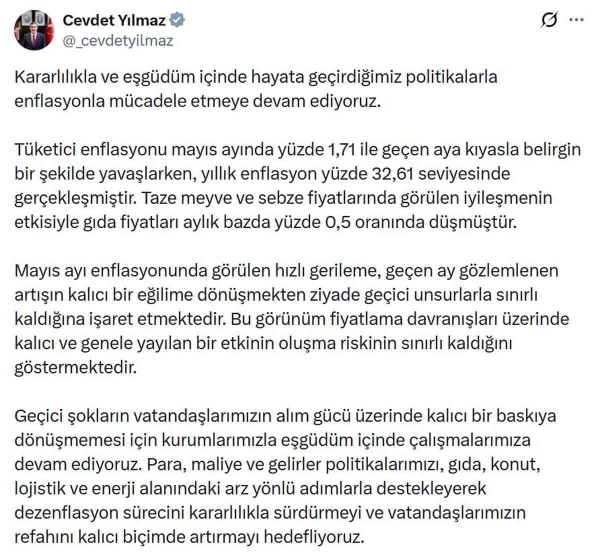 Cevdet Yılmaz: Dezenflasyon sürecini sürdürmeyi hedefliyoruz