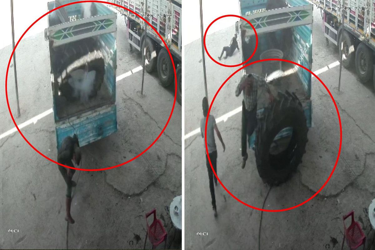Hava basılan traktör lastiği bomba gibi patladı, işçilere hayatlarının şokunu yaşattı