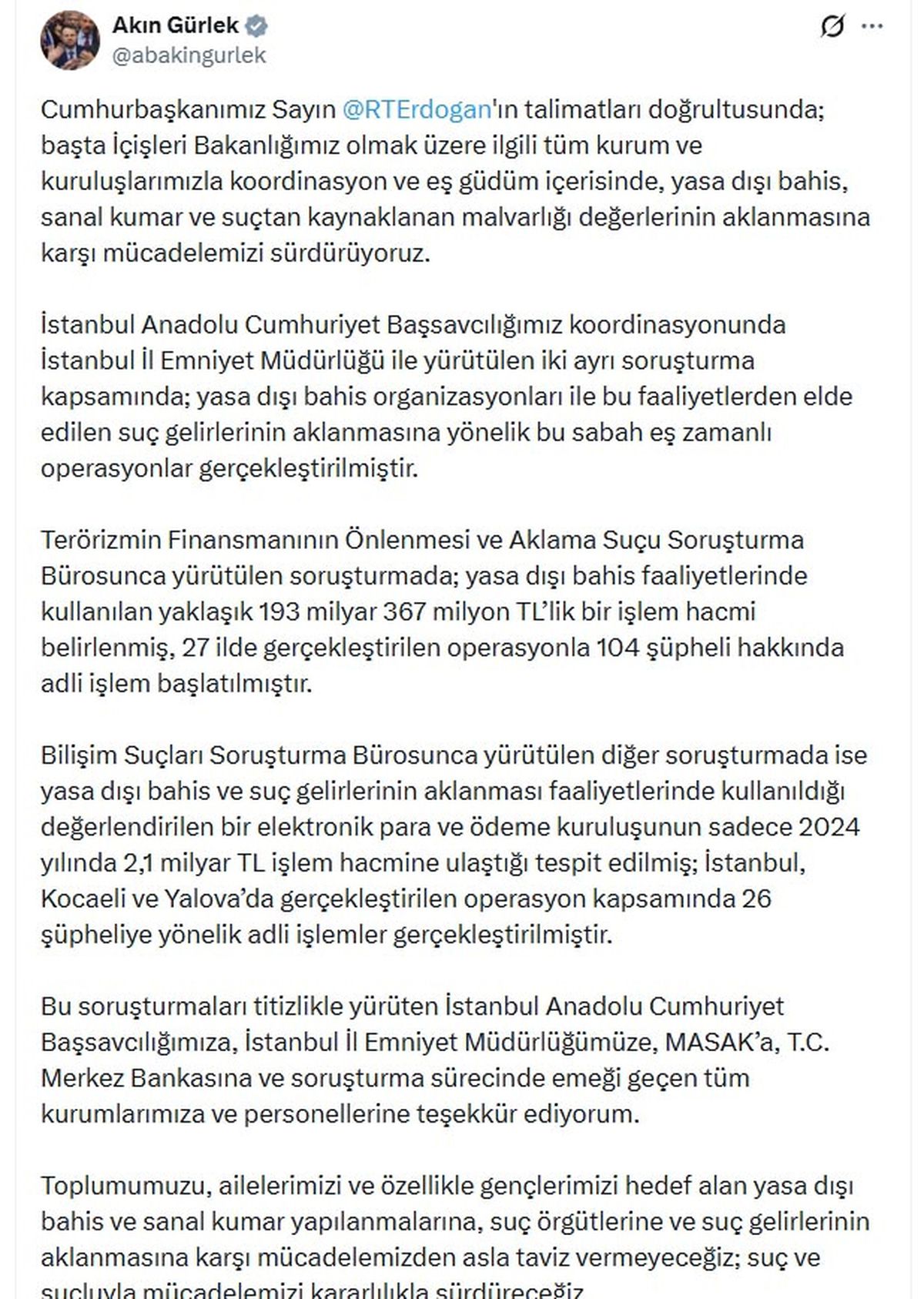 Bakan Gürlek: Yasa dışı bahis operasyonlarında 130 şüpheli hakkında adli işlem başlatıldı