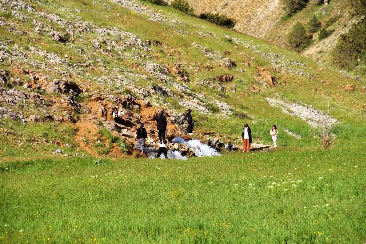 Kahramanmaraş'ın Göksun ilçesinde kayaların arasından çıkan doğal kaynak suyunun göründüğü manzara.