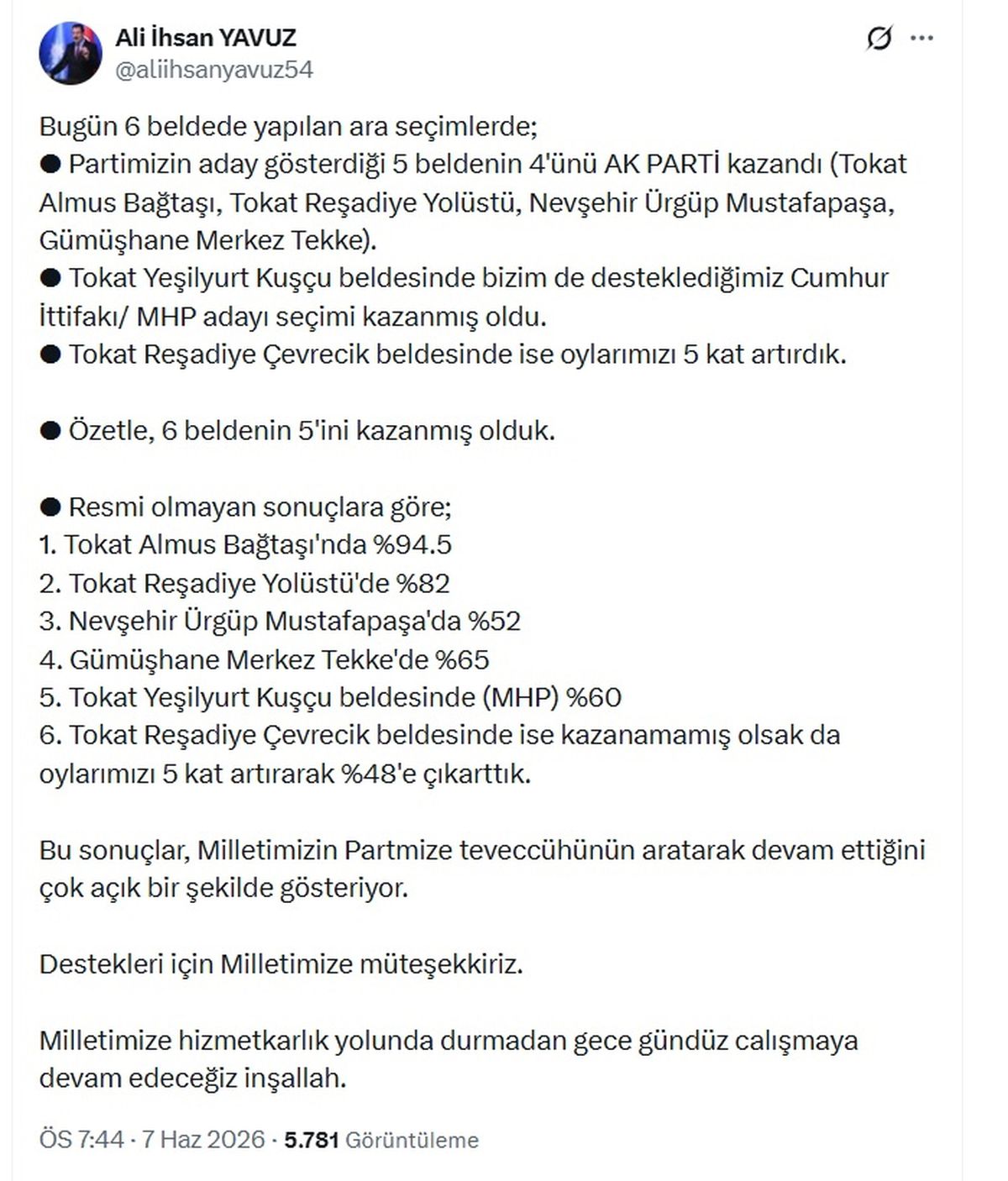 AK Parti'li Yavuz: 6 beldede yapılan ara seçimlerde, 6 belde