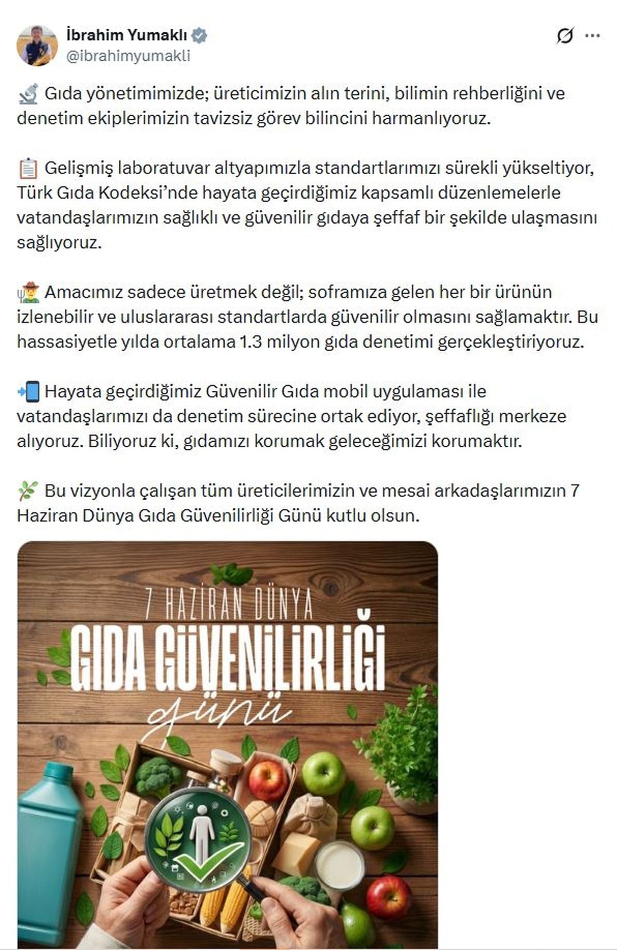 Bakan Yumaklı: Yılda ortalama 1,3 milyon gıda denetimi gerçe