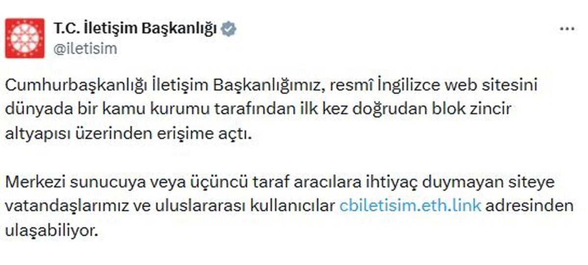 İletişim Başkanlığı'nın İngilizce web sitesi, blok zincir al