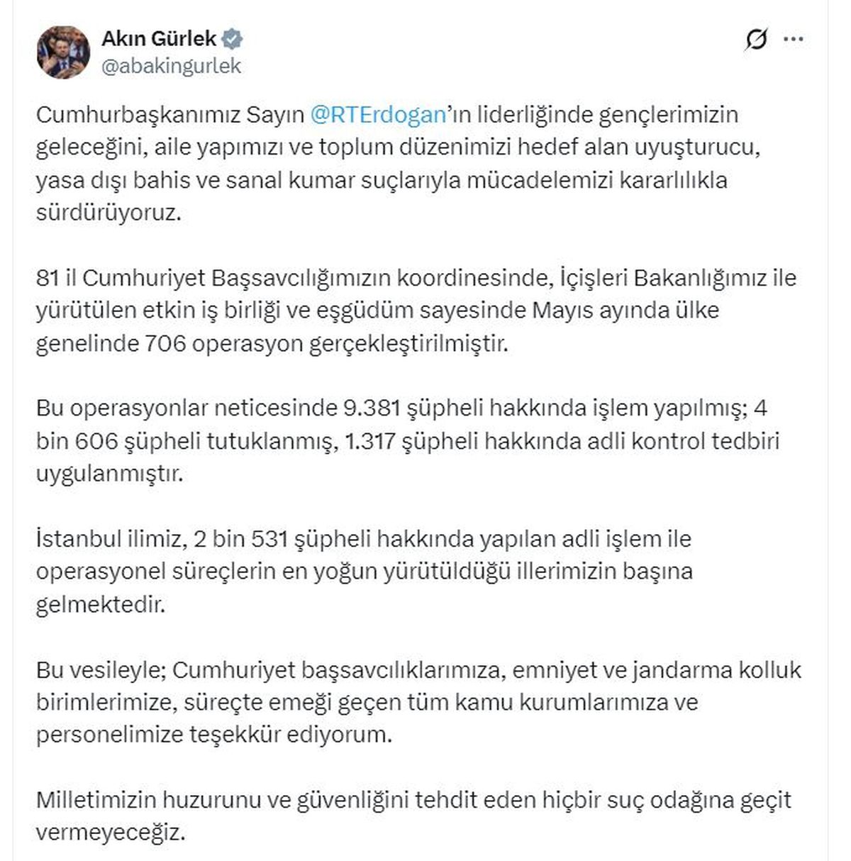 Adalet Bakanı Gürlek: Mayıs ayında 706 operasyonda 4 bin 606 kişi tutuklandı