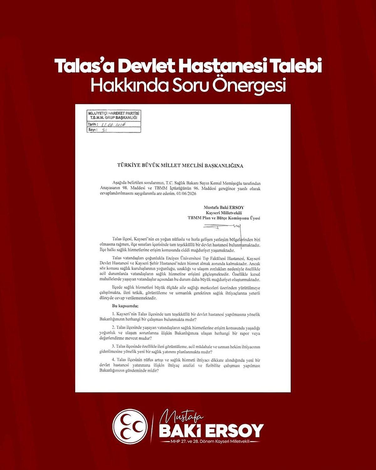 Baki Ersoy, Talas Devlet Hastanesi talebini meclis gündemine