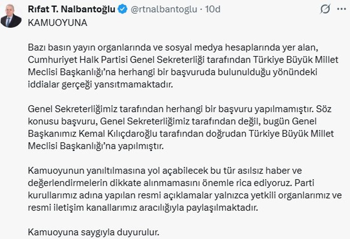 CHP'li Nalbantoğlu'ndan 'TBMM Başkanlığı'na başvuru' açıklam