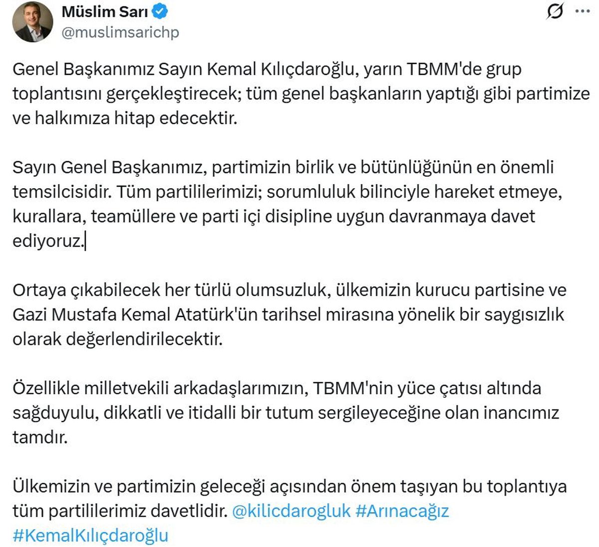 CHP Sözcüsü Sarı: Genel Başkanımız Kılıçdaroğlu, yarın grup 