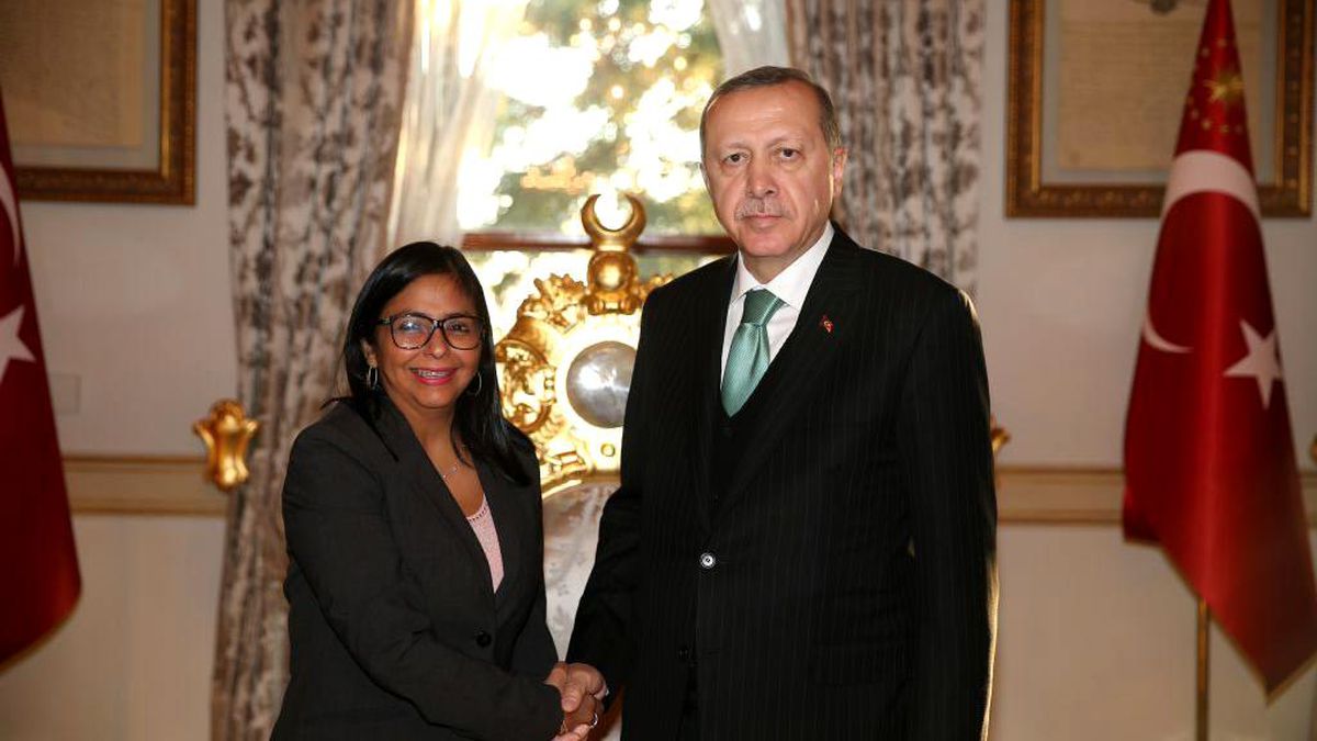 Venezuela Dışişleri Bakanı Delcy Rodriguez ve Türkiye Cumhurbaşkanı Recep Tayyip Erdoğan'ın görüşmesinden bir an.