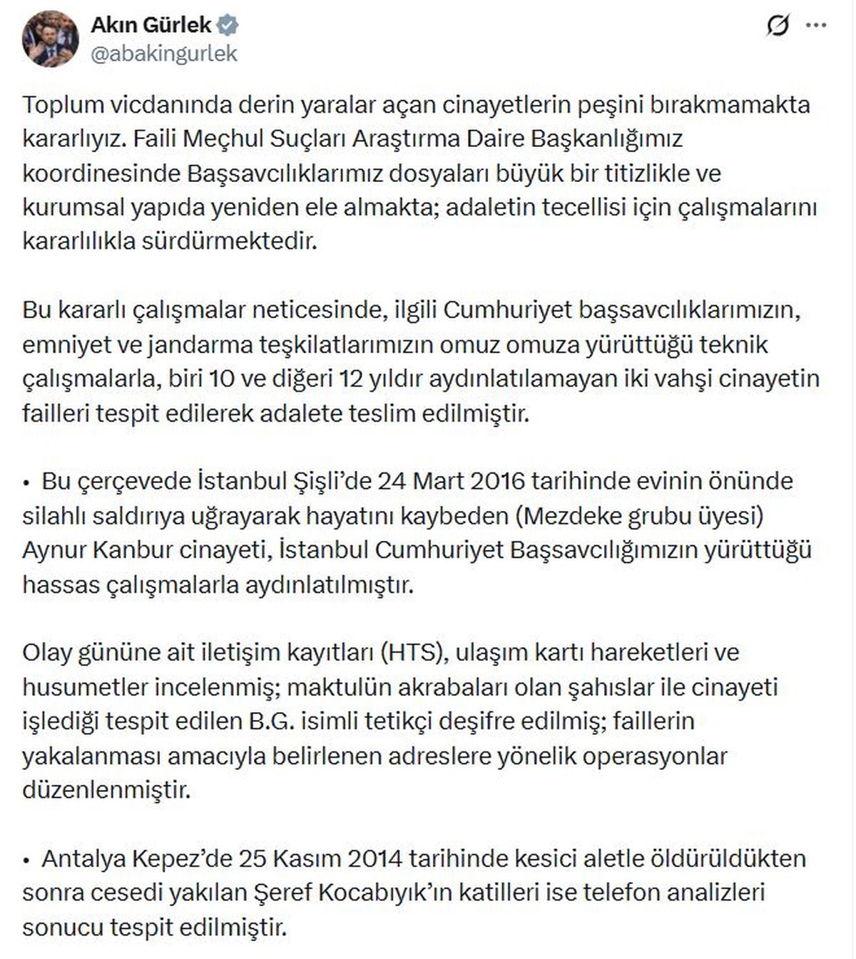 Bakan Gürlek: Aydınlatılamayan 2 cinayetin failleri yakaland