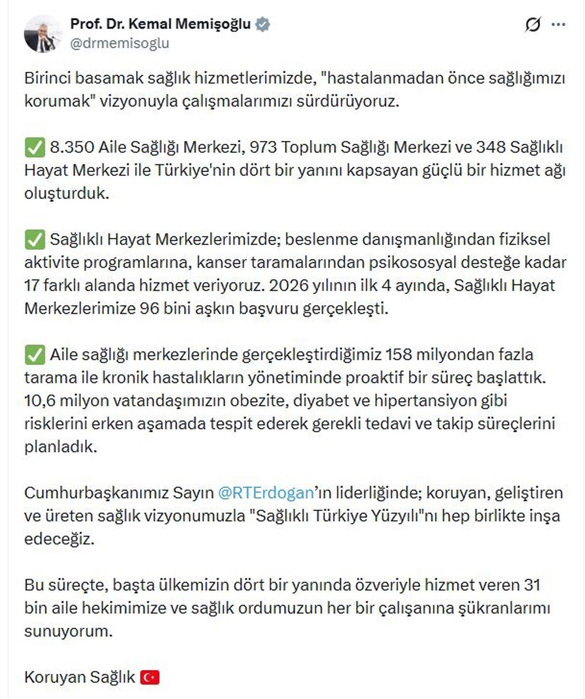 Sağlık Bakanı Memişoğlu: Sağlıklı Hayat Merkezlerine 2026’nı