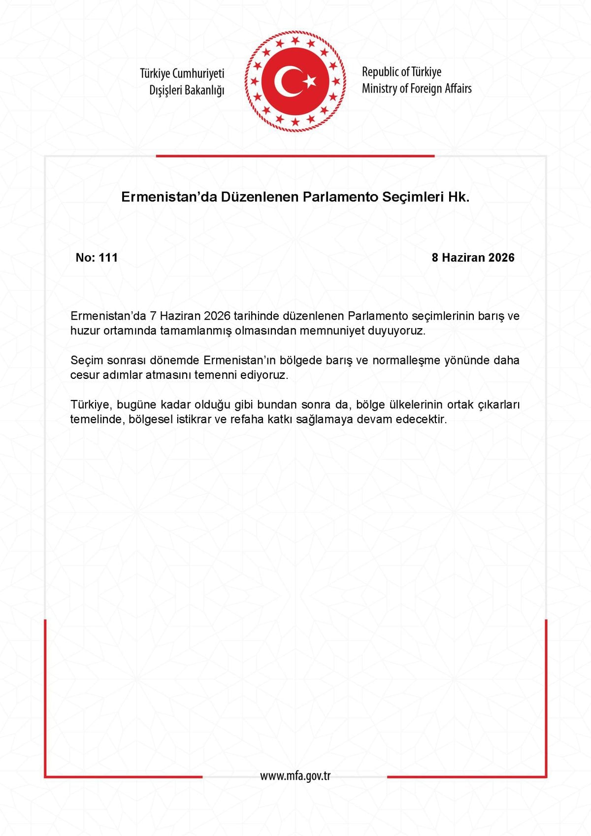 Dışişleri'nden Ermenistan'daki parlamento seçimlerine ilişki