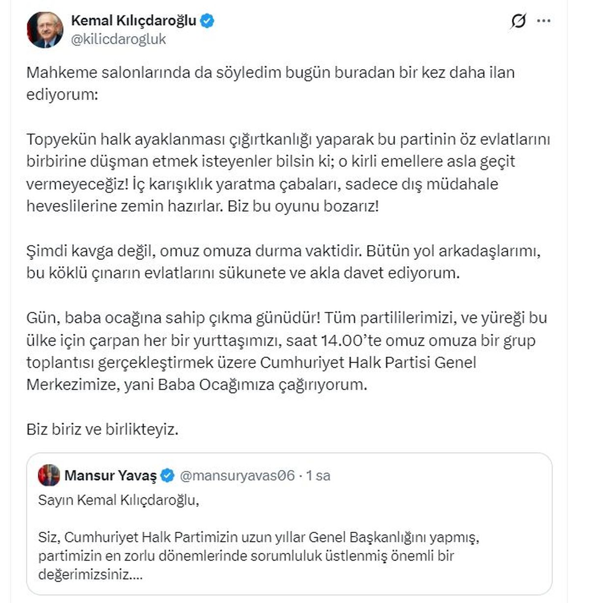Kılıçdaroğlu: Tüm partililerimizi, grup toplantısı için CHP 