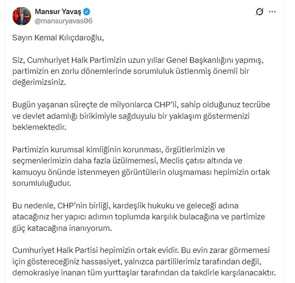 Mansur Yavaş'tan Kılıçdaroğlu'na çağrı: Milyonlarca CHP'li, 