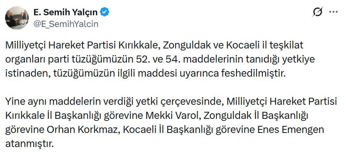 MHP Kırıkkale, Zonguldak ve Kocaeli il teşkilatları feshedil
