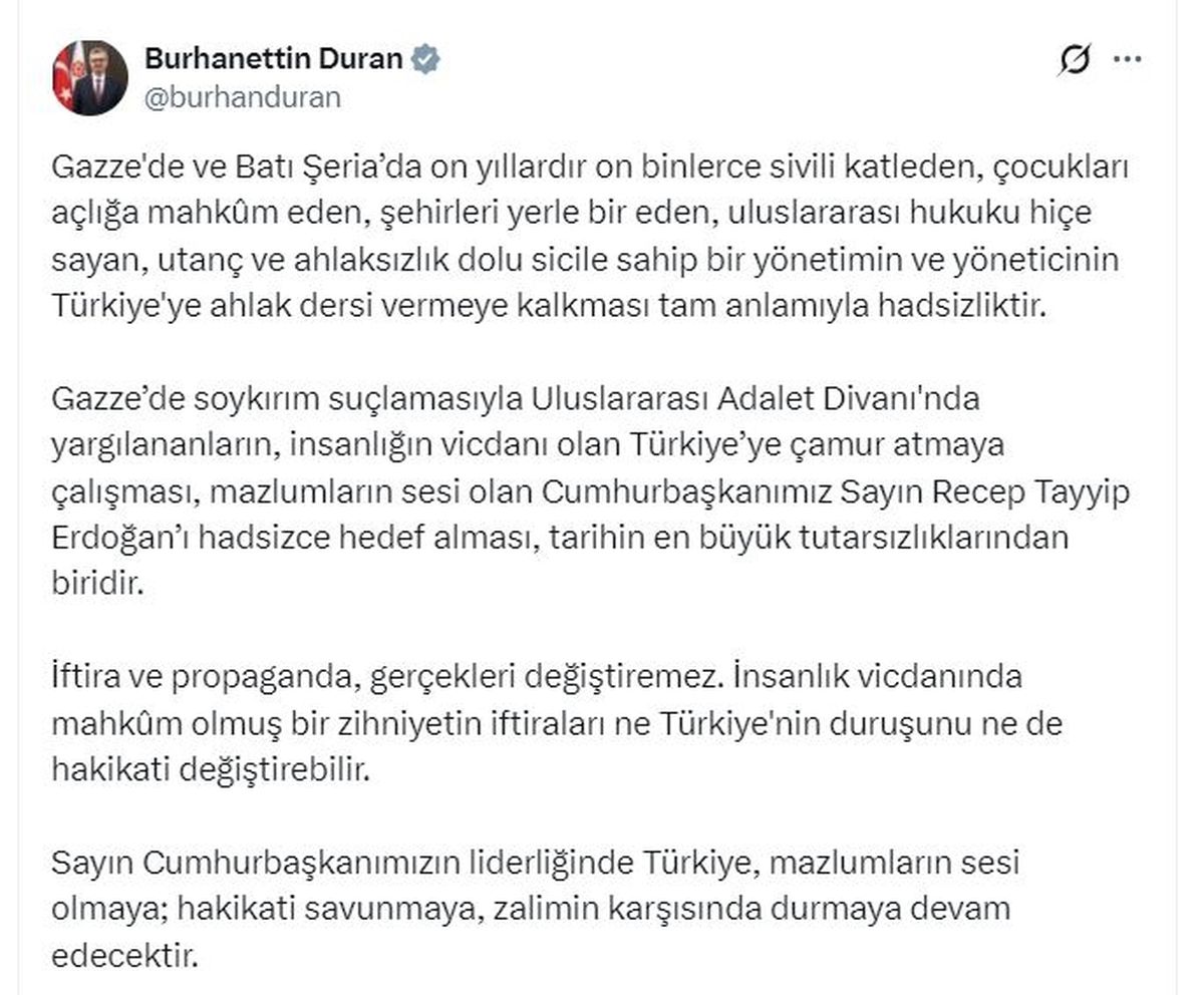 İletişim Başkanı Duran: Gazze'de sivilleri katleden yönetimi