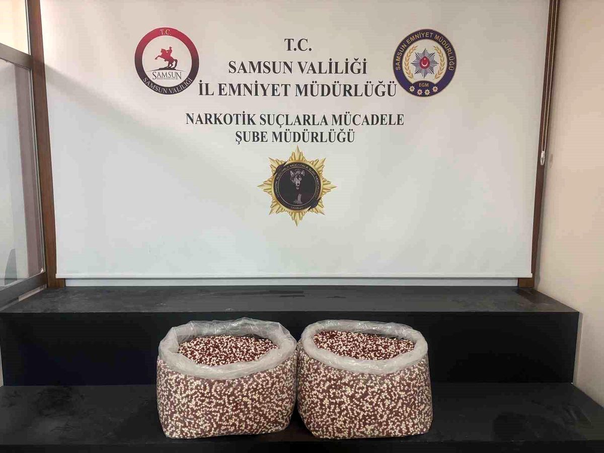 Samsun'da polis tarafından durdurulan tırın yatak bölümünde ele geçirilen uyuşturucu haplar.