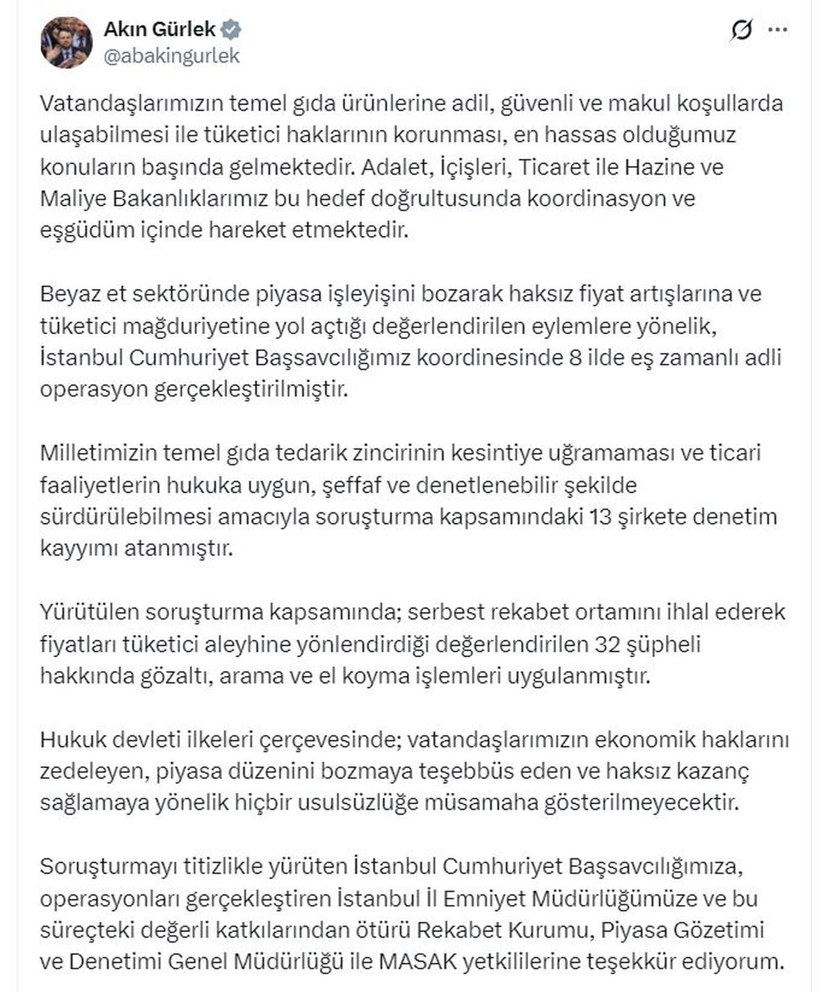 Bakan Gürlek: Beyaz et sektöründeki 13 şirkete denetim kayyımı atandı