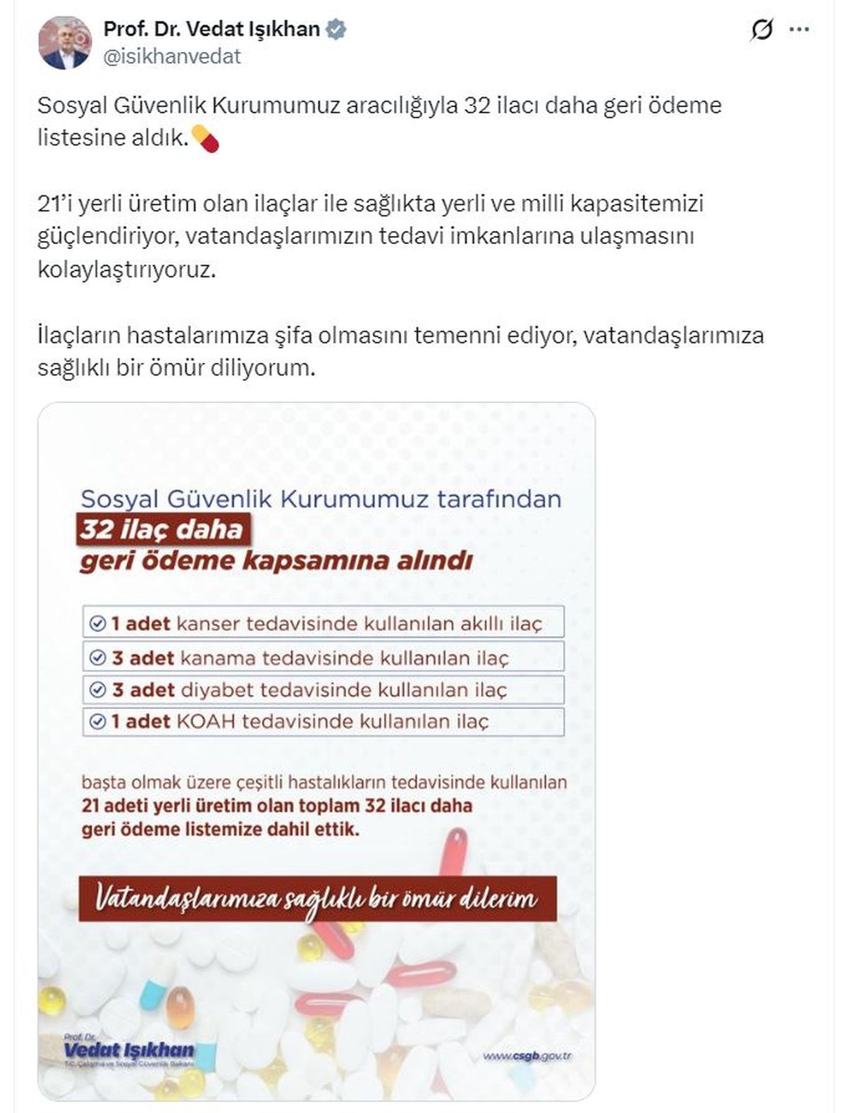 Bakan Işıkhan: 32 ilacı geri ödeme listesine aldık