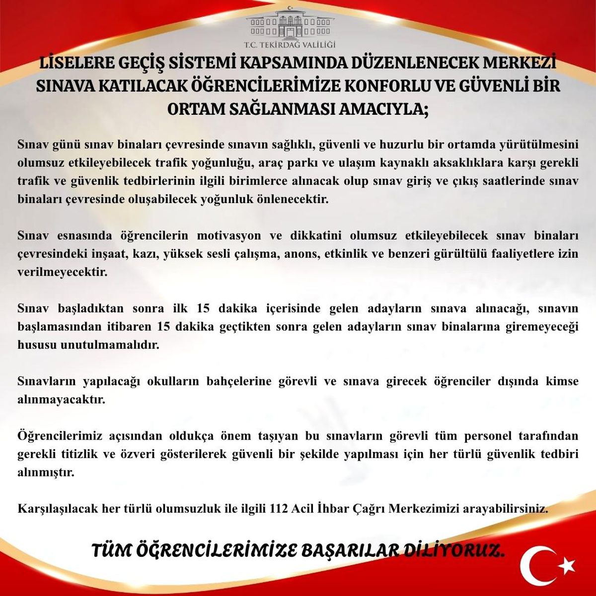 Tekirdağ Valiliği Duyurdu: Sınav saatlerinde gürültülü faaliyetlere yasak