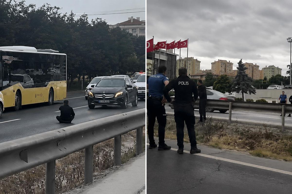 Büyükçekmece'de D-100 Karayolu'nda polis tarafından ikna edilen bir kişi.