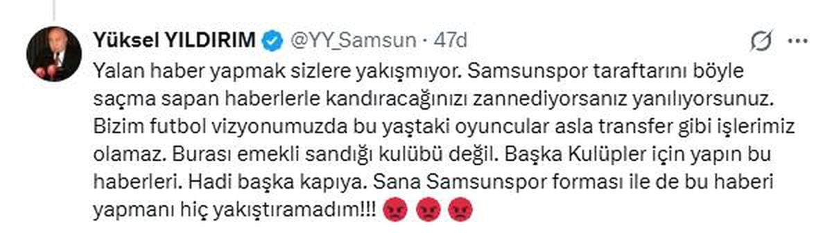Yüksel Yıldırım'dan Enner Valencia söylentisine tepki: 'Samsunspor, emekli sandığı kulübü değil'