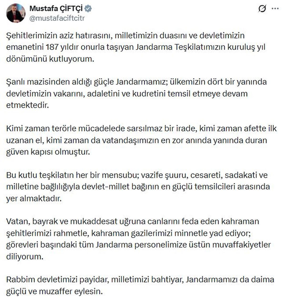 İçişleri Bakanı Çiftçi’den Jandarma’nın 187. Yılına Anlamlı Kutlama Mesajı