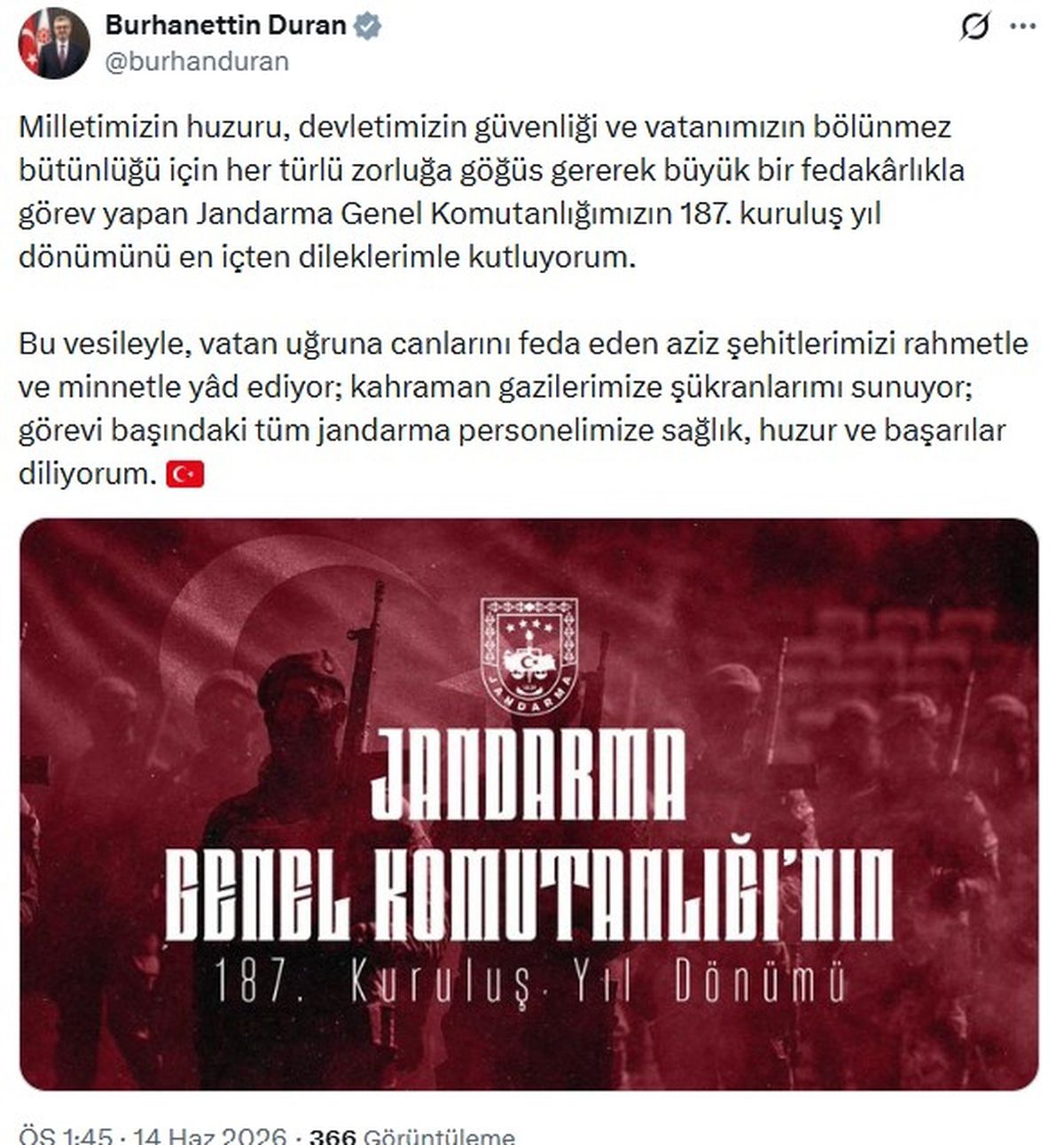 İletişim Başkanı Duran'dan Jandarma'nın 187. Yıl Dönümü Mesajı