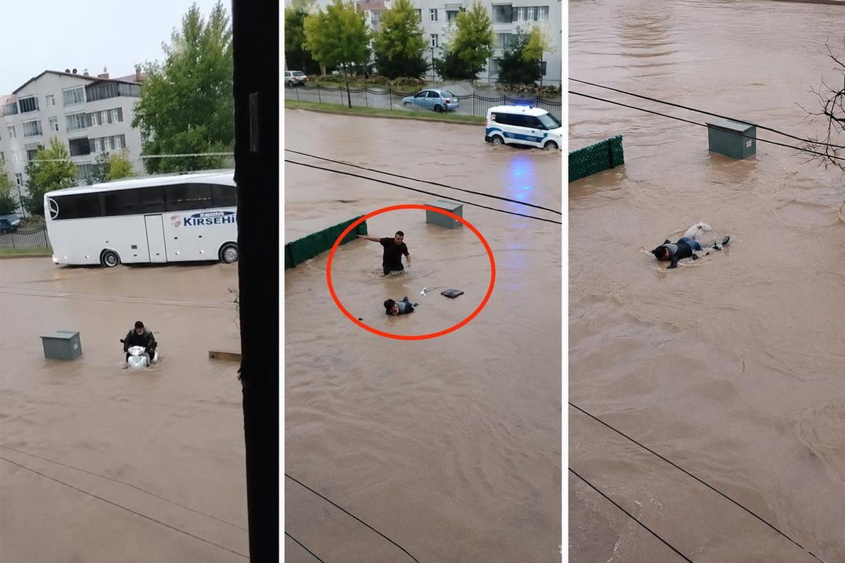 Kırşehir'de motosikletiyle sele kapılan yaşlı adamı vatandaşlar kurtardı