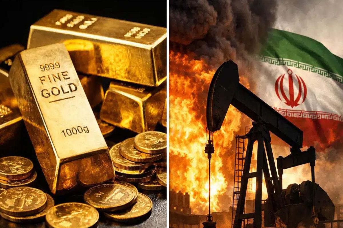 ABD ve İran bayrakları, petrol varilleri ve altın külçeleri görseli.