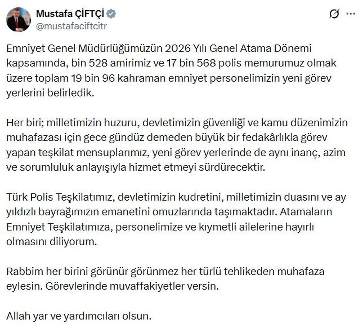 Bakan Çiftçi: 19 bin 96 kahraman emniyet personelimizin yeni görev yerlerini belirledik