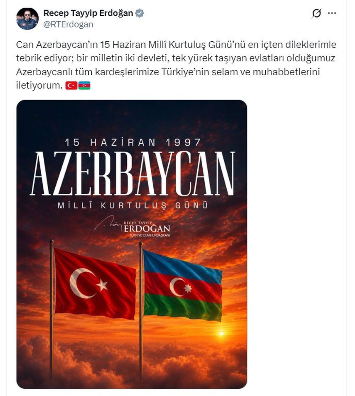 Erdoğan'dan Azerbaycan'ın Milli Kurtuluş Günü'ne özel tebrik