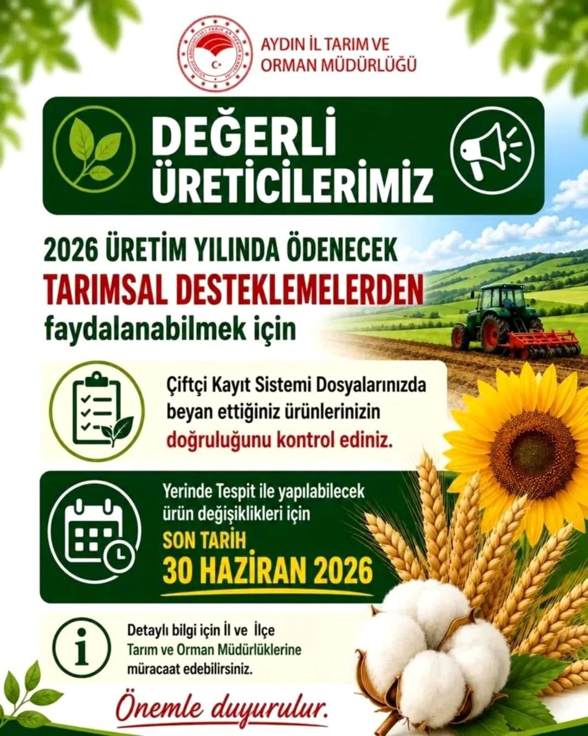 Aydınlı üreticilere ÇKS uyarısı: 'Son tarih 30 Haziran