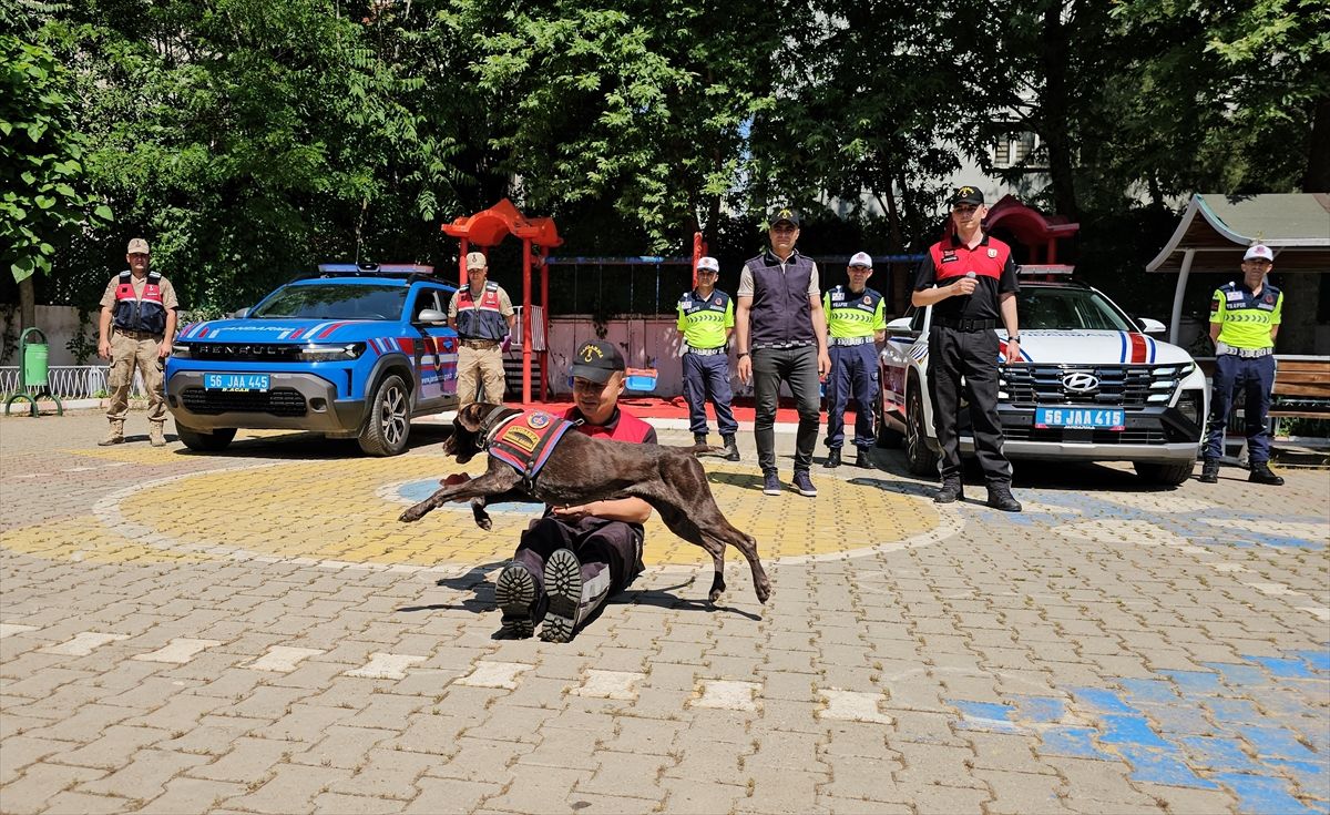Siirt'te bir anaokulunda jandarma ekiplerinin eğitimli köpekleriyle birlikte çocuklara trafik eğitimi verdiği an.