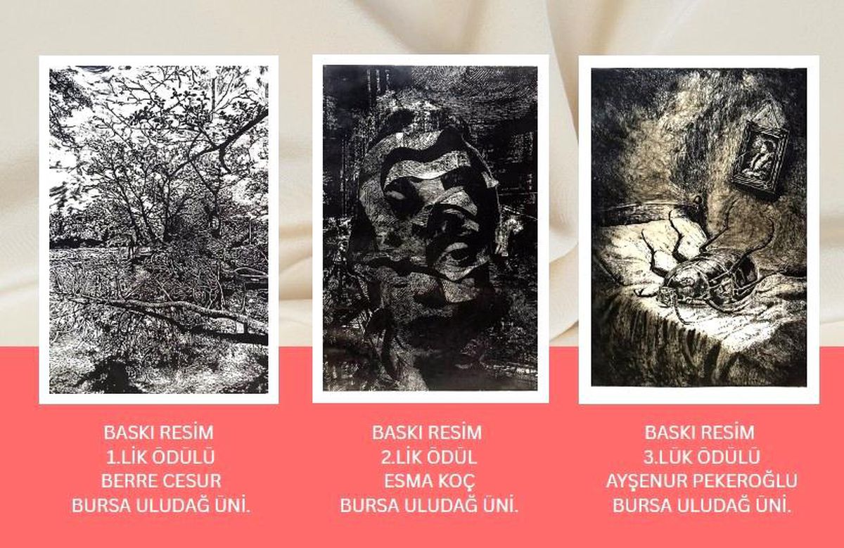 Uludağ Üniversitesi öğrencilerinin Ponart Resim ve Baskıresim Yarışması'nda kazandığı ödüllerle çekilmiş toplu fotoğrafı.