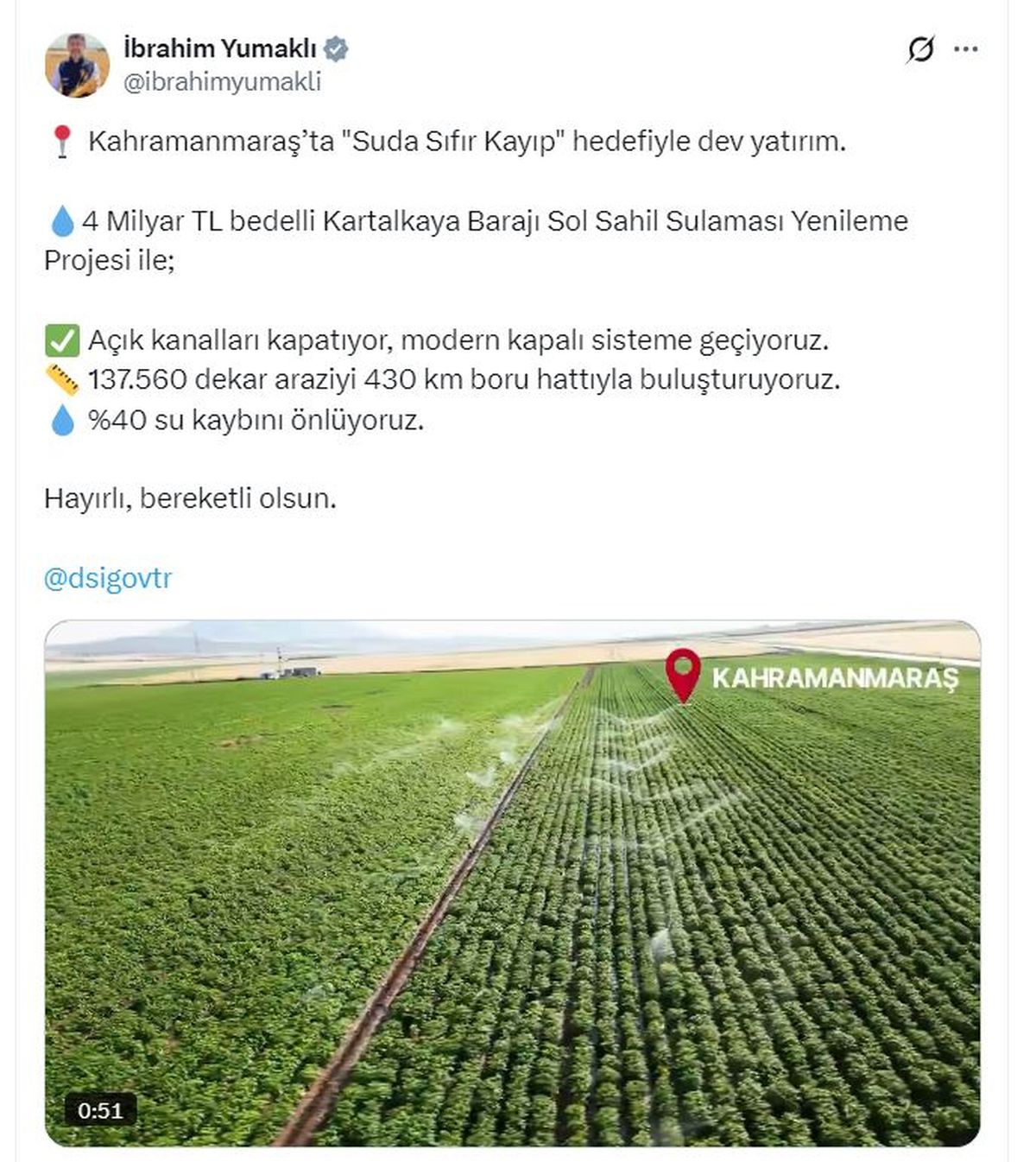 Kahramanmaraş'a 4 milyar liralık sulama yenileme projesi