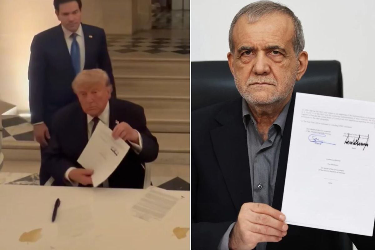 ABD Başkanı Donald Trump ve İran Cumhurbaşkanı Mesud Pezeşkiyan'ın dijital ortamda imzaladığı tarihi mutabakatı temsil eden görsel.
