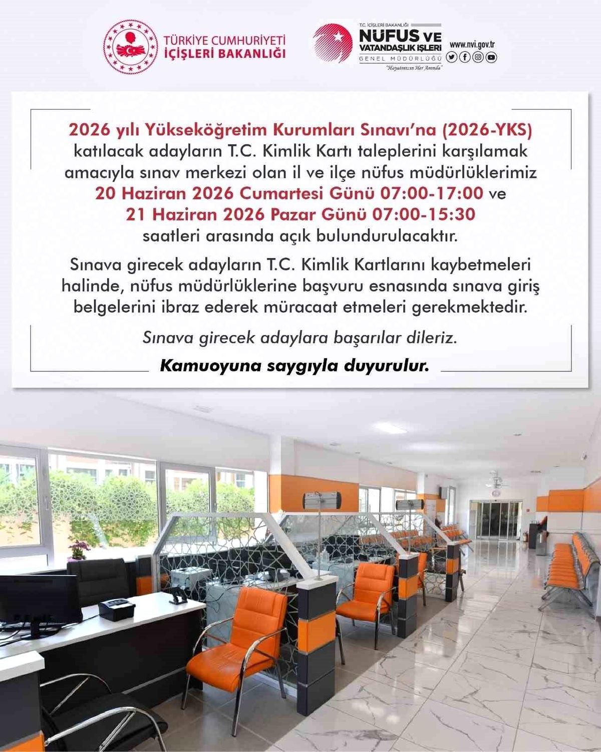 YKS sınavı öncesinde nüfus müdürlüklerinin randevusuz açık olacağını gösteren bir görsel.