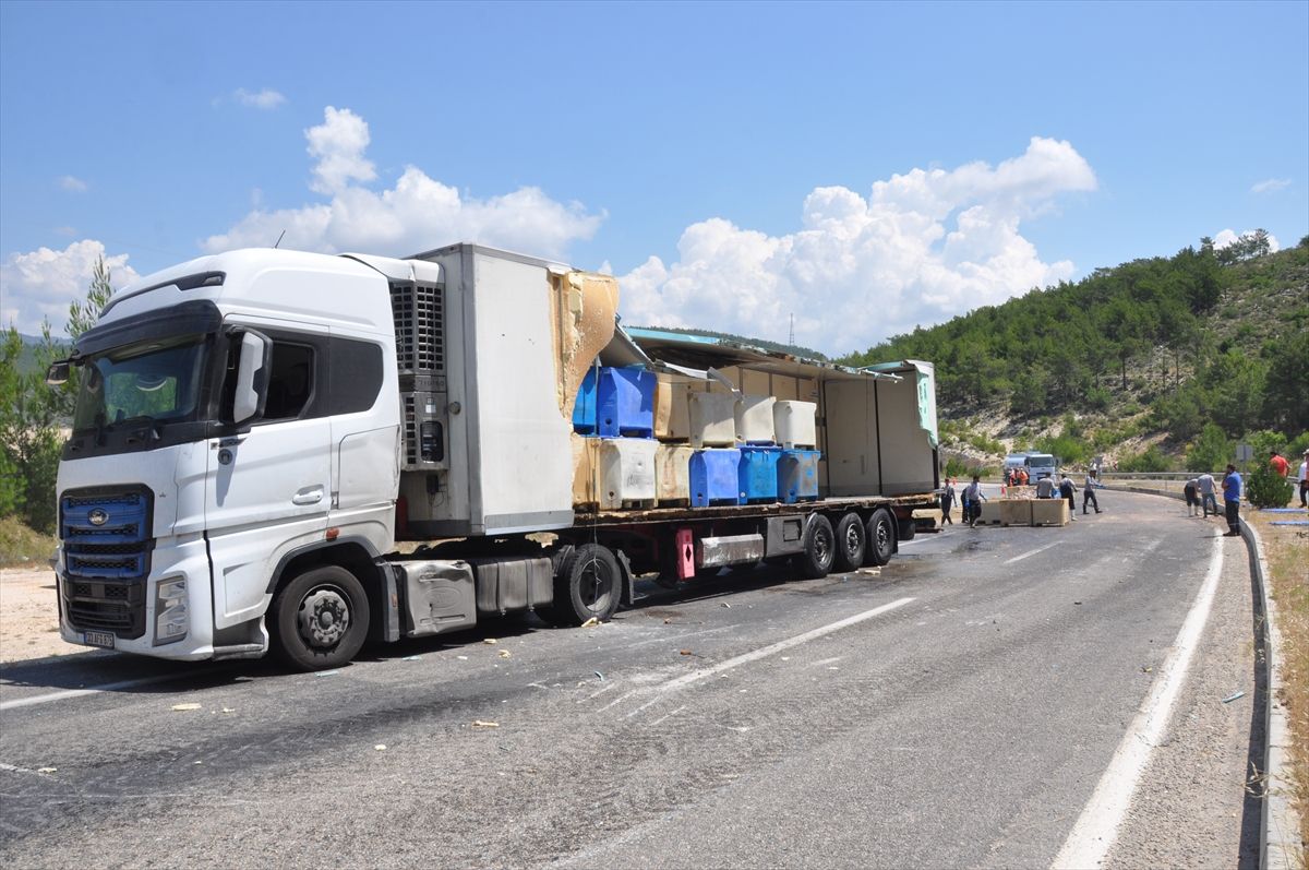 Mersin'de dorsesi kırılan tırdaki balık atıkları yola saçıldı