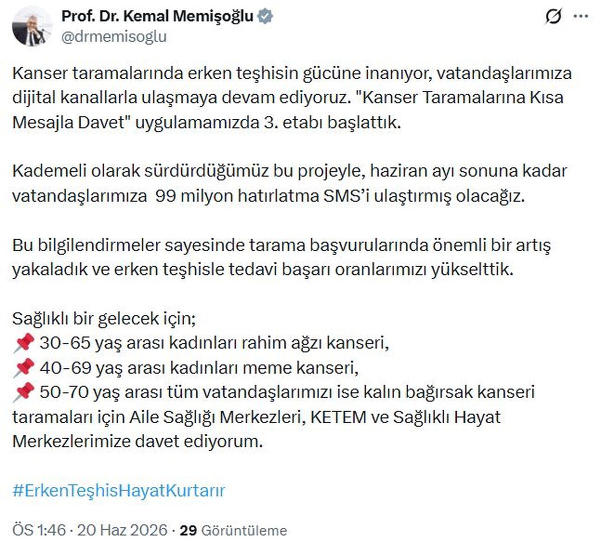 Sağlık Bakanı Memişoğlu: 'Kanser Taramalarına Kısa Mesajla Davet' uygulamasında 3. etap başladı