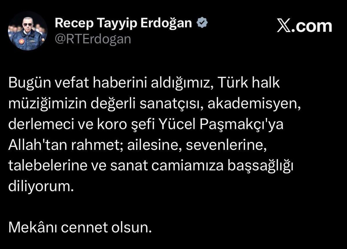 Erdoğan'dan Yücel Paşmakçı için taziye