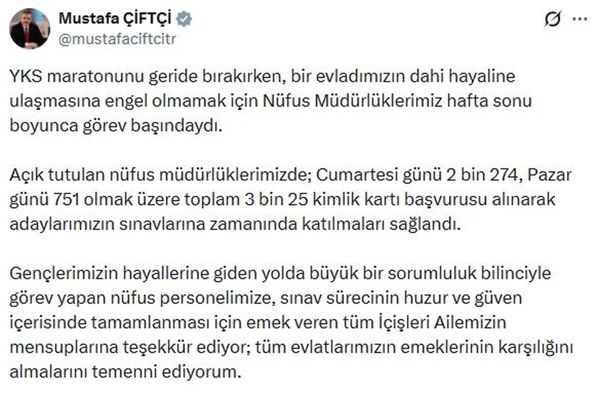Yükseköğretim Kurumları Sınavı (YKS) sırasında kimlik kartı sorunu yaşayan adaylar için hafta sonu açık tutulan nüfus müdürlükleri ve güvenlik güçlerinin desteği.