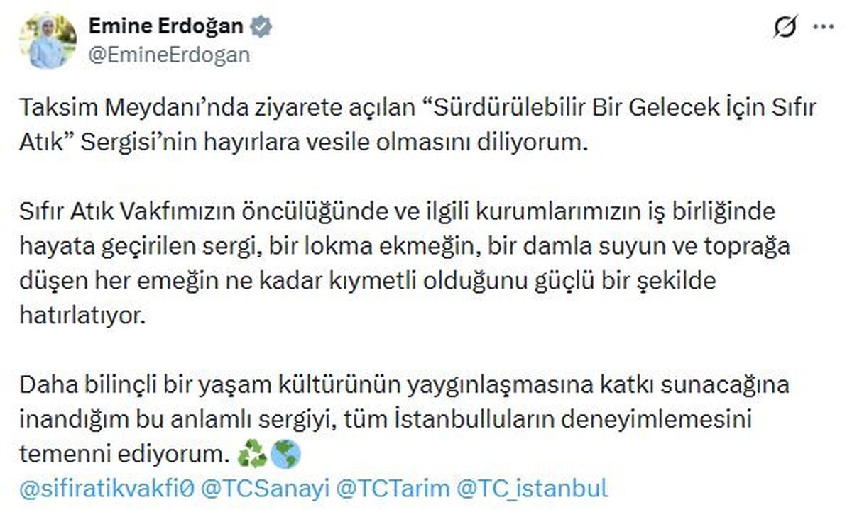 Emine Erdoğan'dan Taksim'deki Sıfır Atık Sergisine Destek