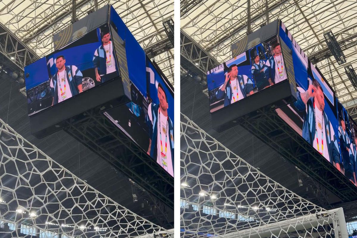 Lionel Messi'nin 2026 Dünya Kupası maçı öncesinde dev ekranda gösterilmesi ve taraftarların coşkusu.