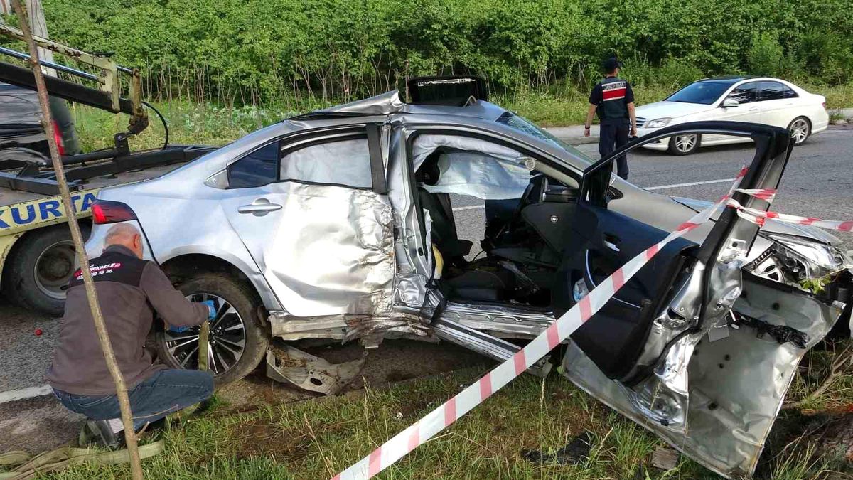 Ordu'nun Altınordu ilçesinde refüje çıkan otomobilin neden olduğu kaza sonrası oluşan hasar.
