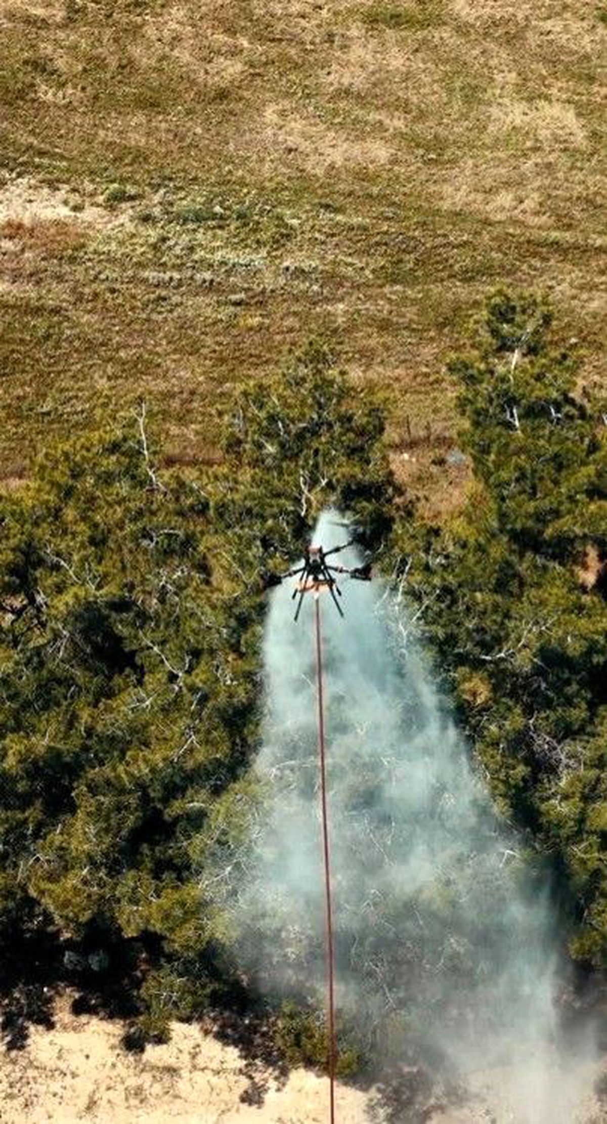 Adana'da orman yangınına müdahale eden arazöz ve havadan çekim yapan bir dron.