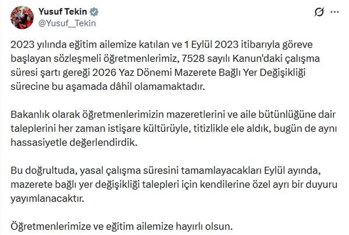 Bakan Tekin'den 'Mazerete Bağlı Yer Değişikliği' açıklaması