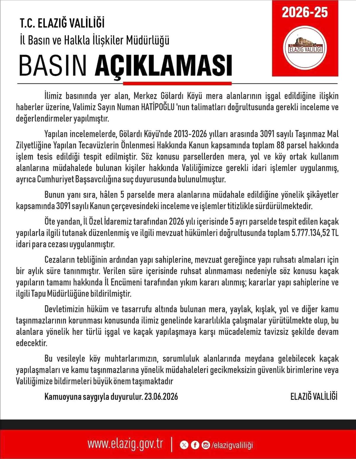 Elazığ'da kaçak yapılara 5 milyon 777 bin lira ceza ve yıkım kararı