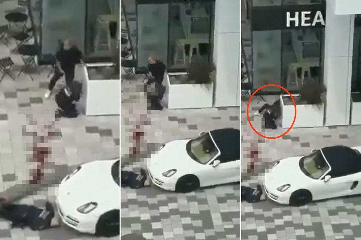 Kanada'nın Montreal kentinde silahlı saldırı sırasında bir polis memurunun bir sivili silahla vurduğu anı gösteren görüntü.