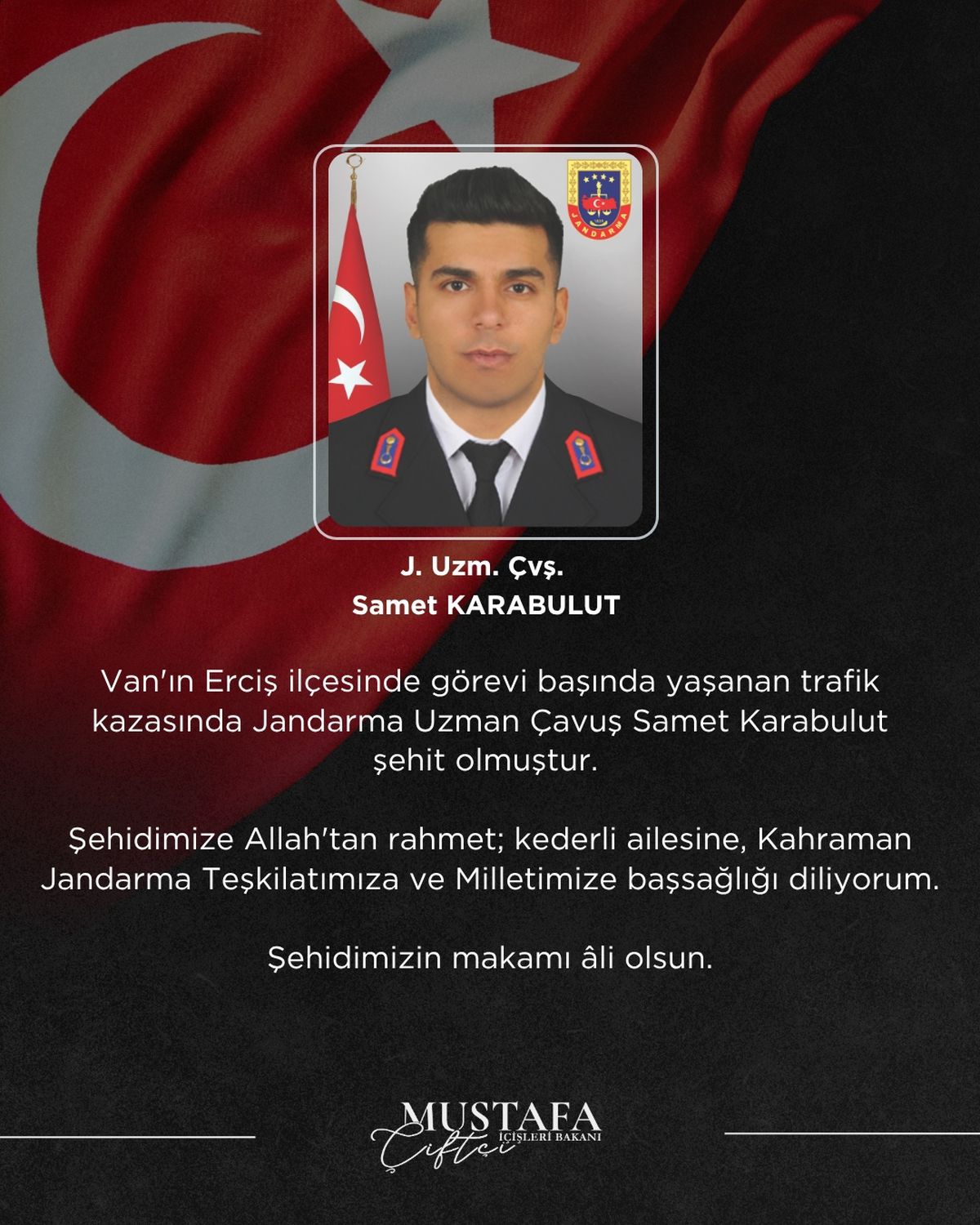 Bakan Çiftçi, Şehit Jandarma Uzman Çavuş Samet Karabulut’un Kimliğini Açıkladı